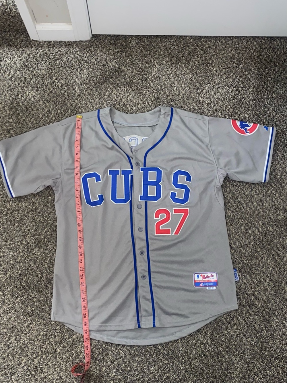 Majestic Gray Cubs #27 Baseball Jersey with Blue Trim and Red Number